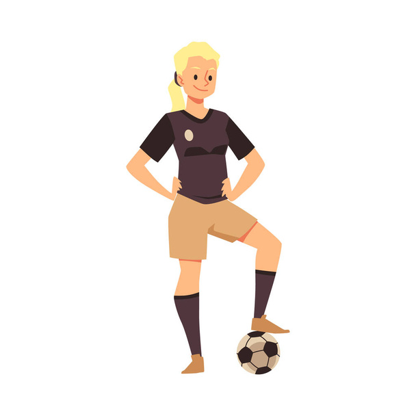 Girl soccer player stands with his foot on ball in flat vector illustration - Vektor, Bild