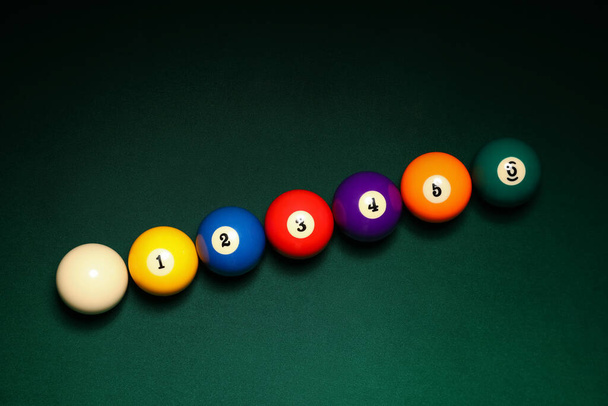 Different billiard balls on green table - Photo, Image