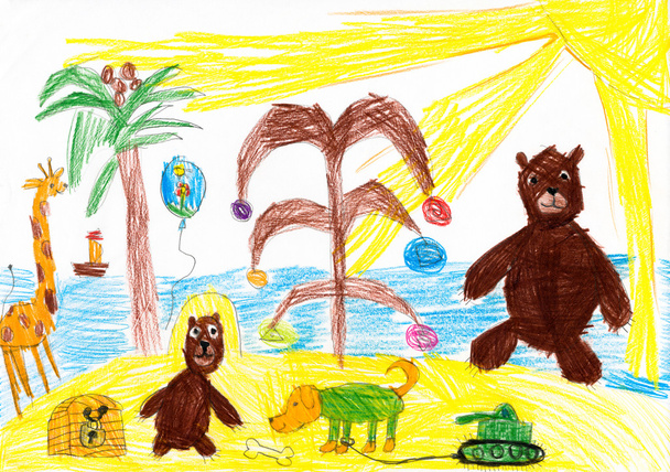 Los animales celebran el nuevo año en una playa tropical. dibujo de niños
 - Foto, imagen