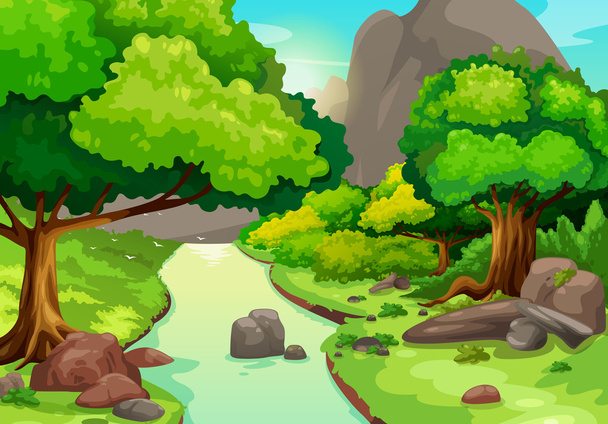 illustratie van bos met een rivier achtergrond vector - Vector, afbeelding