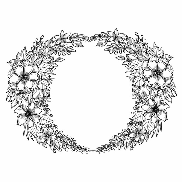 Όμορφη γάμο κυκλικό floral πλαίσιο σκίτσο σχεδιασμό - Διάνυσμα, εικόνα