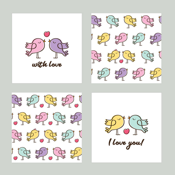 Seamless patterns and Greeting cards with cute birds and hearts for gift wrap, textile or book covers, wallpapers and scrapbook. Background for for Mother's Day, March 8, Valentine's Day, birthday,  wedding. Vector. - Vector, Image