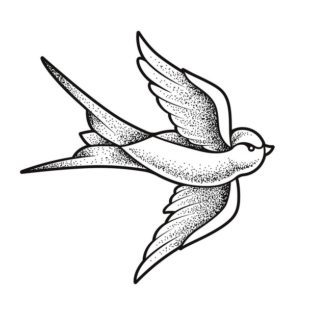 Old school tattoo swallow bird isolated on white. Dotwork style vector art. - Vector, Image