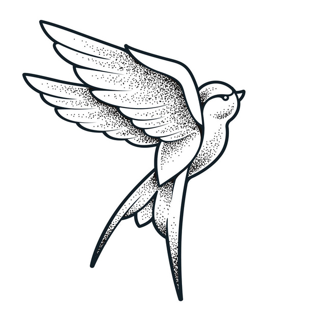 Old school tattoo swallow bird isolated on white. Dotwork style vector art. - Vector, Image