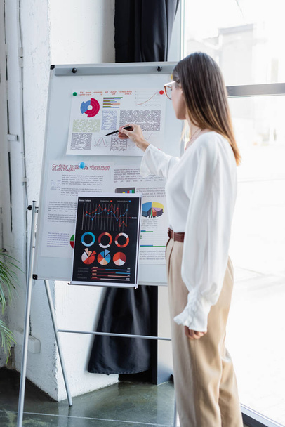 businesswoman in glasses pointing with pen at infographics on flip chart - Fotografie, Obrázek