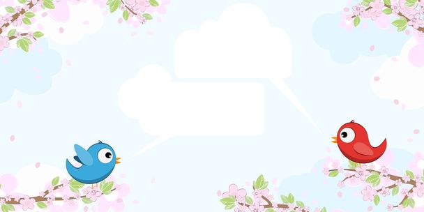 eps vector file with red and blue colored birds in love, sitting on branches with blossoms and green leaves in spring time, talking with speech bubbles, background with sky and light clouds - Vector, Image