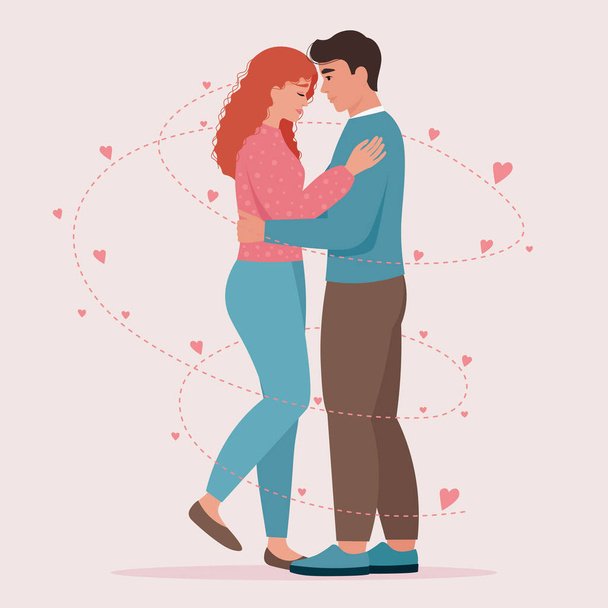 Milující pár se usmívá a objímá. Muž a žena zamilovaní. Valentines den roztomilý vektor ilustrace - Vektor, obrázek