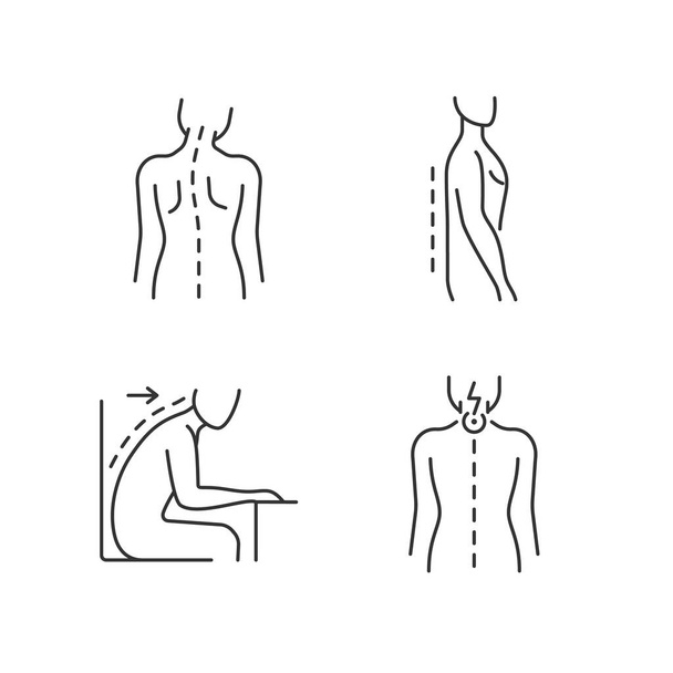Bad posture problems linear icons set. Head tilt. Flatback syndrome. Slouching. Neck pain. Customizable thin line contour symbols. Isolated vector outline illustrations. Editable stroke - Вектор,изображение