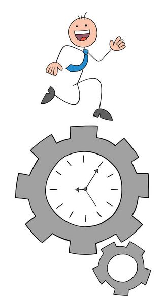Hombre de negocios Stickman corriendo en engranajes giratorios con reloj y feliz. Dibujado a mano esbozo ilustración vector de dibujos animados. - Vector, imagen