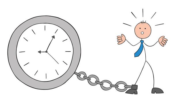 El hombre de negocios Stickman estaba atado al reloj con una cadena y se convirtió en un prisionero del tiempo. Dibujado a mano esbozo ilustración vector de dibujos animados. - Vector, imagen