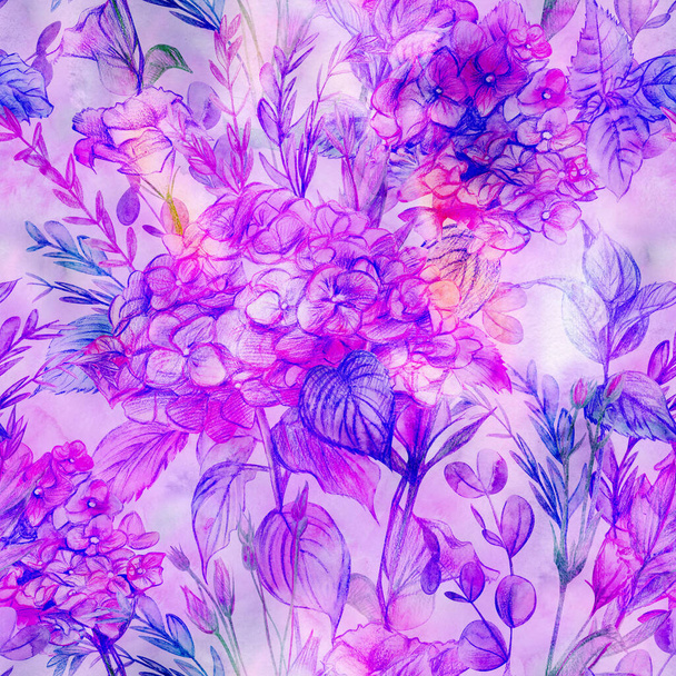 Saumaton tekstiili kuvio hortensia kukkia piirretty vesiväri lyijykynä violetti tausta - Valokuva, kuva