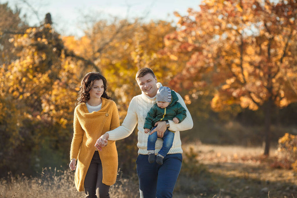 a young man, a woman and their little boy walk through the forest in autumn holding hands - Photo, image