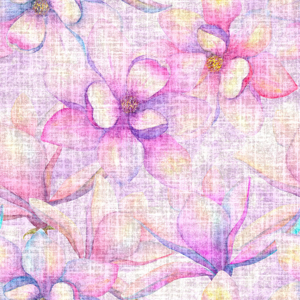 Watercolor beautiful magnolia flowers seamless pattern on linen background. Watercolour hand drawn spring botanical illustration. Print for textile, fabric, wallpaper, wrapping paper design. - Photo, Image