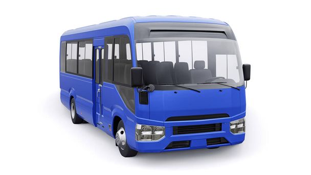 Blue Piccolo autobus per il viaggio. Auto con carrozzeria vuota per design e pubblicità. Illustrazione 3d. - Foto, immagini