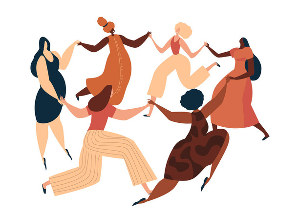 Feliz Dia Internacional da Mulher Party.Confident Mulheres Dançando no Círculo Feminino.Oito de Março Celebração. Proteja as mulheres livres e confiantes. Feminino, Feminino Empoderamento Plana Vector Ilustração - Vetor, Imagem