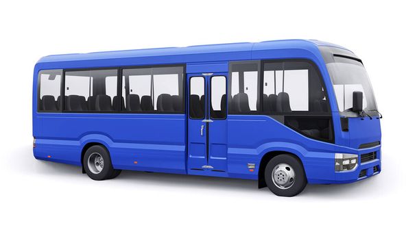 Seyahat için mavi küçük otobüs. Tasarım ve reklam için boş gövdeli bir araba. 3d illüstrasyon. - Fotoğraf, Görsel