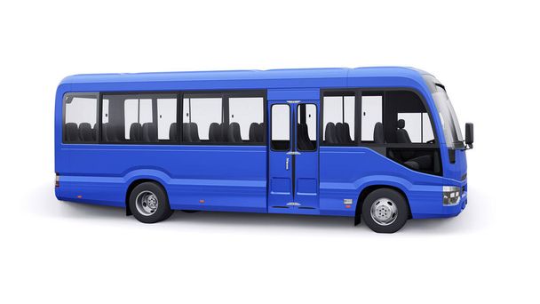 ブルー旅行のための小さなバス。デザインや広告のための空のボディを持つ車。3Dイラスト. - 写真・画像