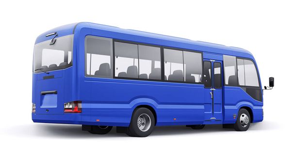 Маленький блакитний автобус для подорожей. Автомобіль з порожнім кузовом для дизайну та реклами. 3d ілюстрація. - Фото, зображення