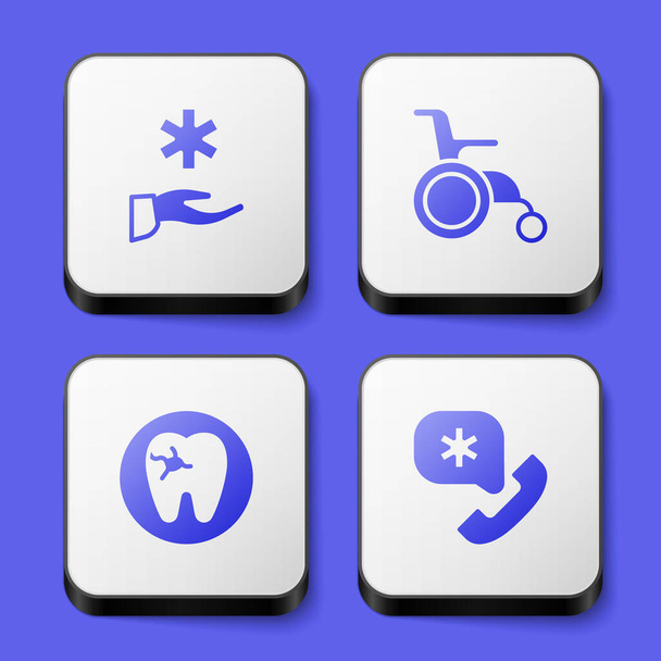 Набор больницы Кросс, инвалидное кресло для инвалидов, зуб с кариесом и значок экстренного вызова 911. Белая квадратная кнопка Вектор - Вектор,изображение