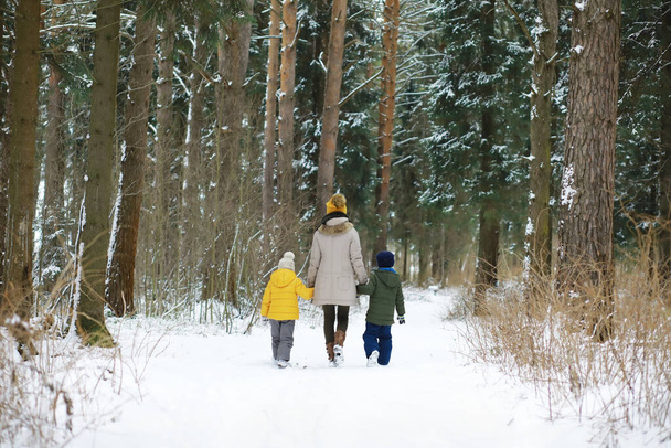 Onnellinen perhe leikkii ja nauraa talvella ulkona lumessa. Kaupungin puisto talvipäivä. - Valokuva, kuva