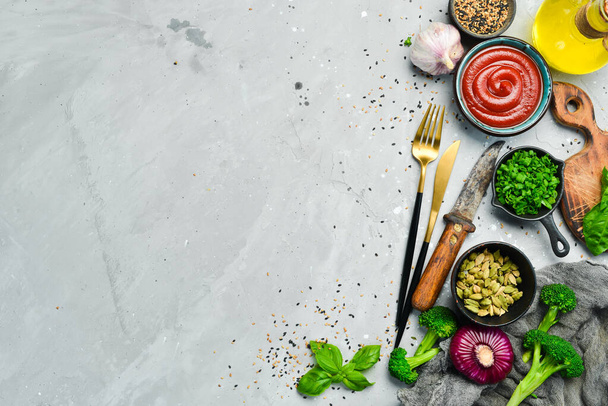 Cooking banner. Background with spices and vegetables. Top view. Free space for your text. - Valokuva, kuva
