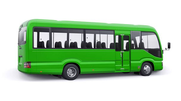 Petit bus vert pour les villes et banlieues pour les voyages. Voiture avec corps vide pour le design et la publicité. Illustration 3d. - Photo, image