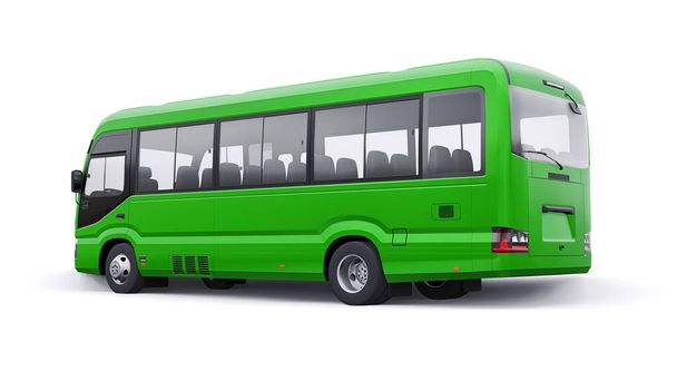 Mały zielony autobus do transportu miejskiego i podmiejskiego. Samochód z pustym nadwoziem do projektowania i reklamy. Ilustracja 3D. - Zdjęcie, obraz
