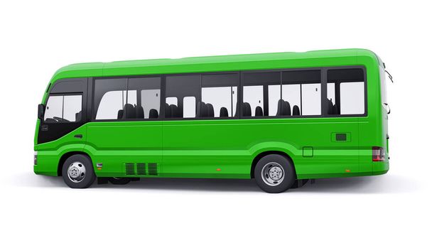 Pequeño autobús verde para viajes urbanos y suburbanos. Coche con cuerpo vacío para diseño y publicidad. ilustración 3d. - Foto, imagen