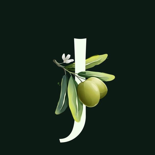 J letra logotipo em estilo aquarela com ramos de oliva. Ilustração de bagas mediterrâneas, folhas verdes, flores, botões e ramos.  - Vetor, Imagem
