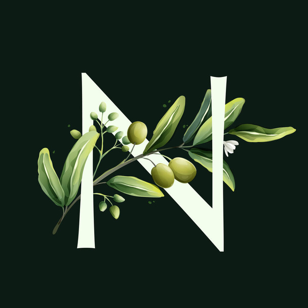 Zeytin dallarıyla suluboya şeklinde N harfi logosu. Akdeniz böğürtlenleri, yeşil yapraklar, çiçekler, tomurcuklar ve dallar.  - Vektör, Görsel