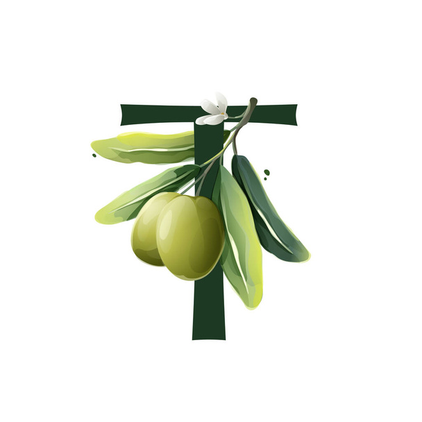 Suluboya şeklinde zeytin dallı T harfi logosu. Akdeniz böğürtlenleri, yeşil yapraklar, çiçekler, tomurcuklar ve dallar.  - Vektör, Görsel