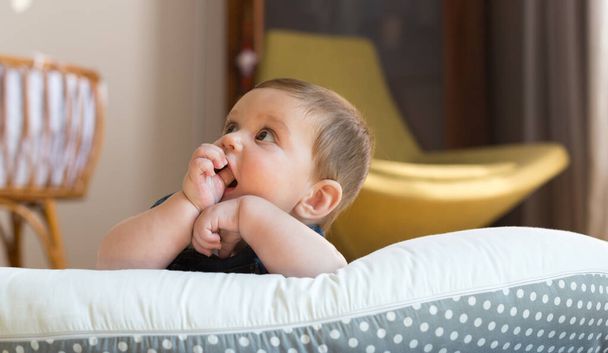 Neugierig und verspielt 8 Monate Baby-Porträt - Foto, Bild