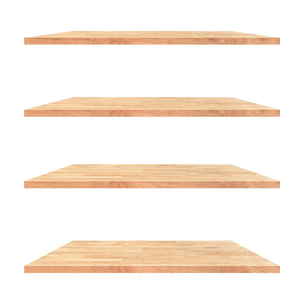 4 старых деревянных полки стол изолирован на белом фоне и отображения монтажа для продукта. - Фото, изображение