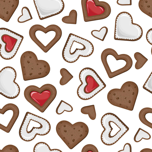 Vector seamless pattern of chocolate cookies in the form of hearts in glaze and with red jam isolated on white background. - Vetor, Imagem