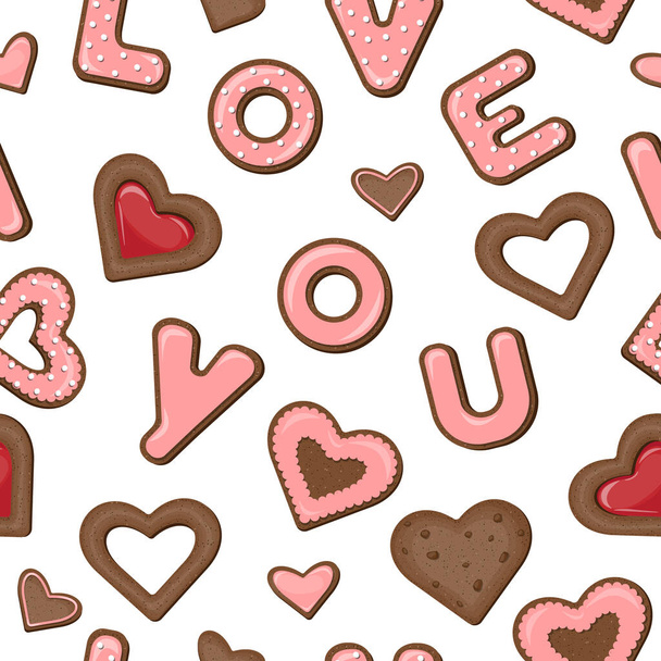 Vector seamless pattern of chocolate cookies in the form of hearts and letters i love you in coral glaze and with red jam isolated on white background. - Vector, Image