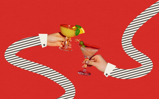 Female hands in drawn striped shirt with cocktail glasses clincking isolated on bright red neon background. Contemporary art collage - Fotoğraf, Görsel
