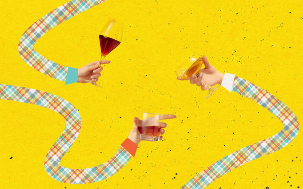 Funny meeting. Contemporary art collage with hands holding cocktail glasses isolated on yellow background. Mix photo and illustraion - Photo, Image