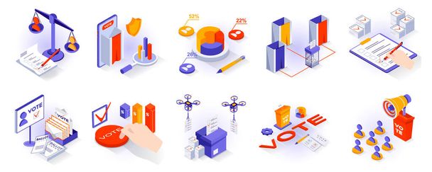 Election and voting concept isometric 3d icons set. Ballot papers, candidate selection, voting booths, exit polls, political campaigning of voters, isometry isolated collection. Vector illustration - Vector, Image