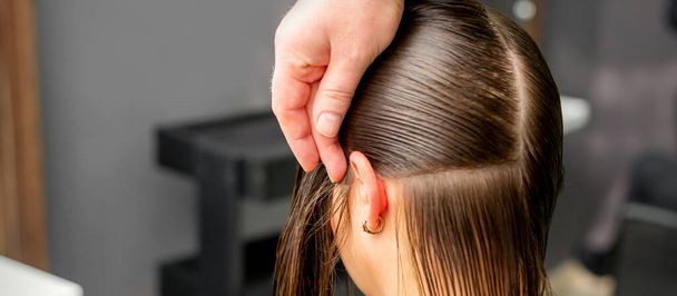 Kadeřník rozděluje ženské vlasy do sekcí s hřebenem drží vlasy s rukama v kadeřnictví zblízka - Fotografie, Obrázek