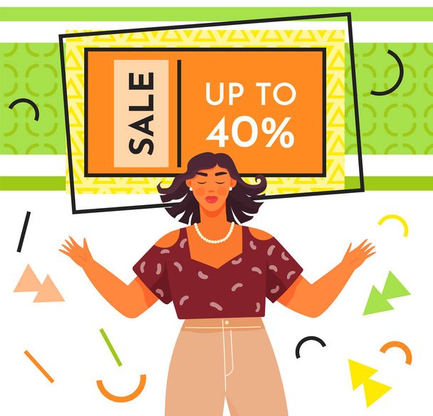 Big sale and discounts banner. Reduction offer poster with happy woman. New arrival, special offer - ベクター画像
