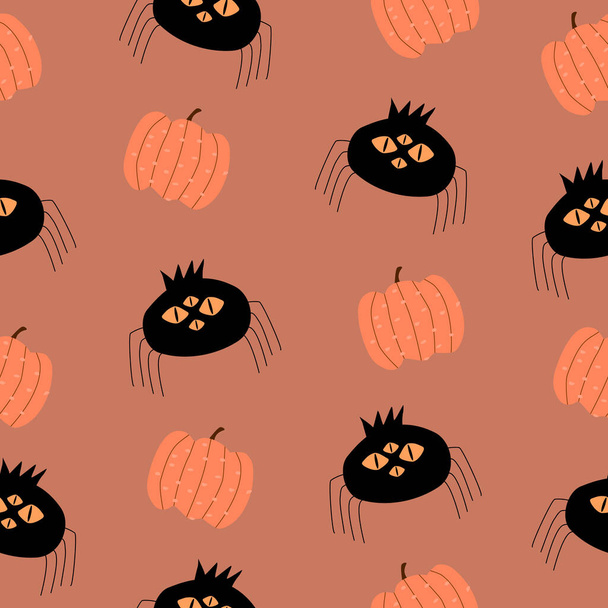 Aranhas pretas com olhos assustadores e ilustração vetorial desenhada à mão de abóbora laranja. Halloween padrão sem costura. - Vetor, Imagem