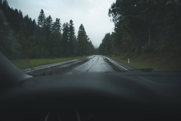 View of the road through the windshield of the car. Driver seeing moody green forest landscape during travel in auto - Foto, Imagem