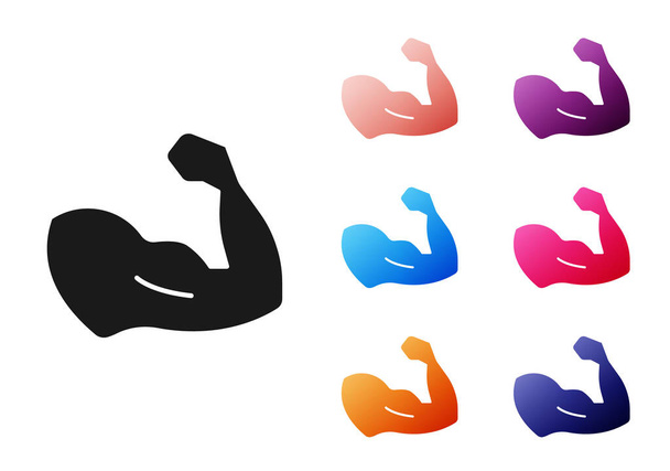 Bodybuilder noir montrant son icône musculaire isolée sur fond blanc. Fit fitness force santé hobby concept. Définir des icônes colorées. Vecteur. - Vecteur, image