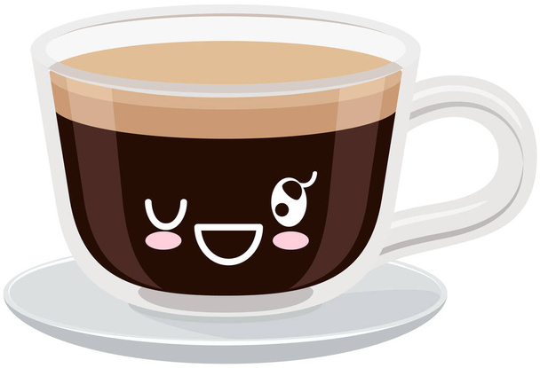 Adorable charming hot drink and whipped cream with positive emotion. Smiling kawaii cup of coffee - Vector, Image