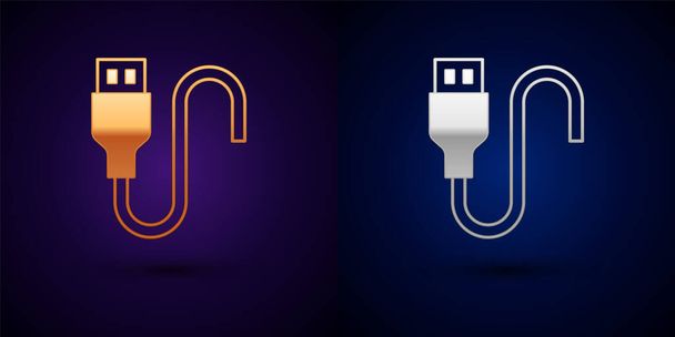 Symbol für goldenes und silbernes USB-Kabel isoliert auf schwarzem Hintergrund. Stecker und Buchsen für PC und mobile Geräte. Vektor - Vektor, Bild