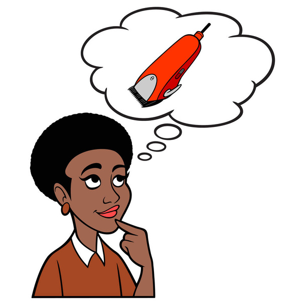 Black Woman thinking about Electric Hair Clippers - Μια εικονογράφηση κινουμένων σχεδίων μιας Μαύρης γυναίκας που σκέφτεται για νέα ηλεκτρικά ψαλίδια μαλλιών για το κομμωτήριο της. - Διάνυσμα, εικόνα