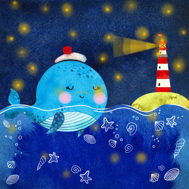 Watercolor cartoon baby whale and lighthouse. Hand draw illustration. - 写真・画像