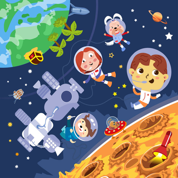 Lapset astronautit lähellä avaruusasemaa ja kuuta. Merkki sarjakuva tyyli suunnitteluun. Vektori kuvituksia, täysi väri. - Vektori, kuva