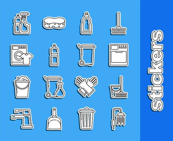 Set-Linie Duschkopf mit Wassertropfen fließen, Wischmopp und Eimer, Waschmaschine, Plastikflaschen für flüssiges Spülmittel, T-Shirt und Mülleimer-Symbol. Vektor - Vektor, Bild