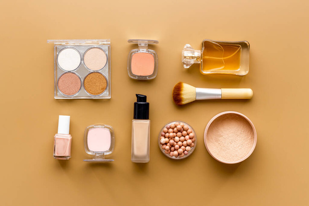 Flat lay of decorative makeup cosmetic products, top view - Photo, image